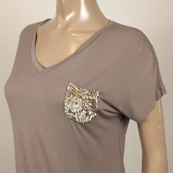 Bedo Femme Sequin Pocket Top Vneck Short Sleeve Dolman Tshirt Brown Gold Modal - Picture 4 of 9